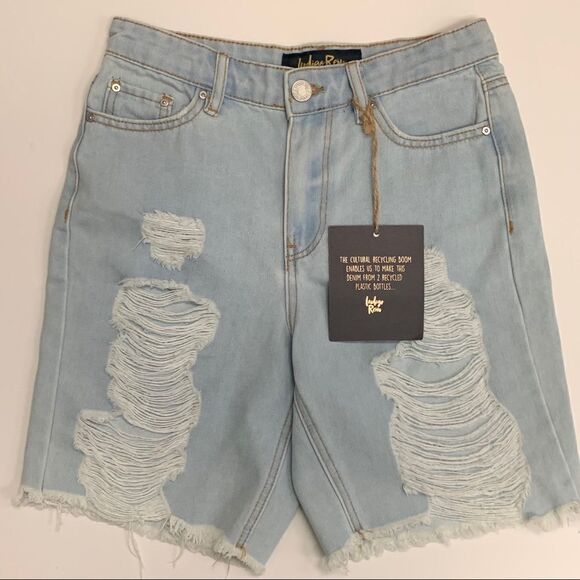 Indigo Rein Recycled Super High Rise Distressed Denim Bermuda Shorts, Size 3/25 - Picture 11 of 12
